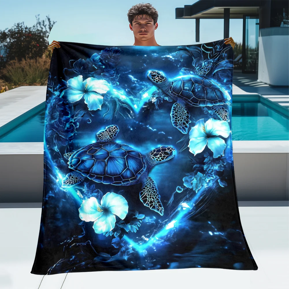 Blue Glowing Heart Sea Turtle Hibiscus Flower Graphic Throw Blanket Dark Underwater Tone Modern Sofa Bedroom Decor Cover