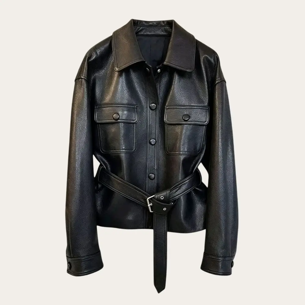 

Elegant Style Short Black Leather Jacket 2026 Spring Fashion Trend Ram Skin Coat Turn-down Collar Warmth Protection for Daily...