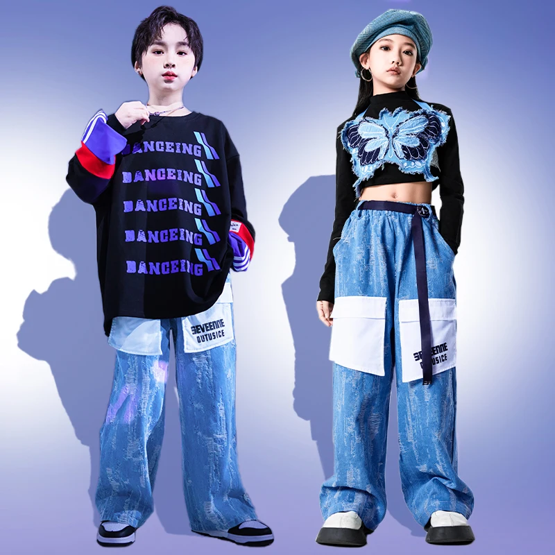 Kids Teenage Hip Hop Clothing Oversize SweatshirtTops  Denim Cargo Pants Streetwear for Girl Boys Jazz Dance Costumes Clothes