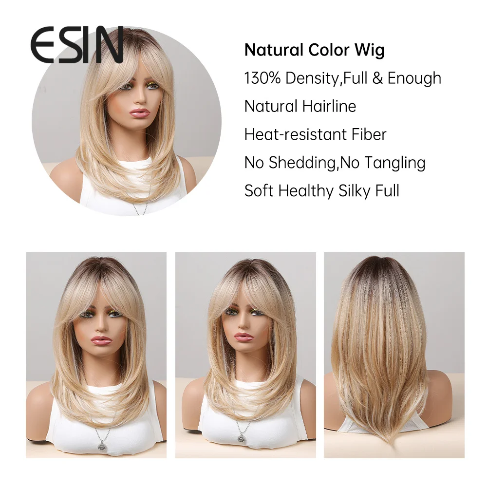 ESIN Long Ombre Blonde Wigs For Women Layered Natural Synthetic Hair Wig With Bangs Cosplay Heat Resistant Synthetic Wig image 3