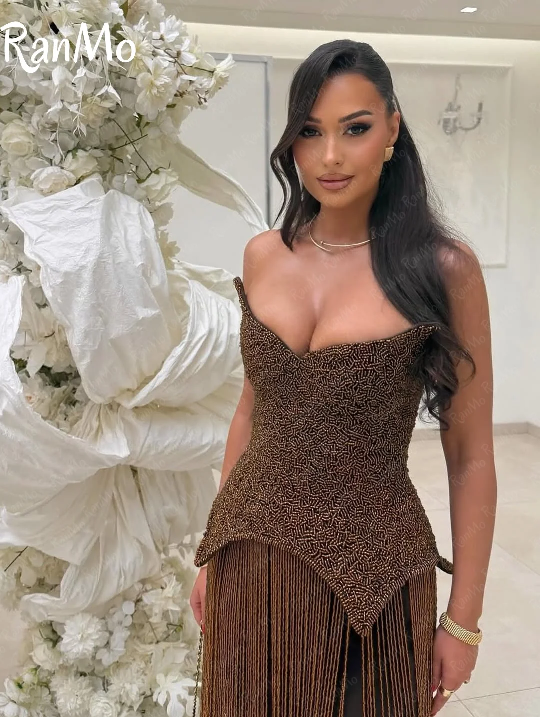 Ranmo 2025 Customized Sleeveless Prom Dresses Sweetheart Brown Beadings Scarf Tassels Floor Length Party Dresses فساتين