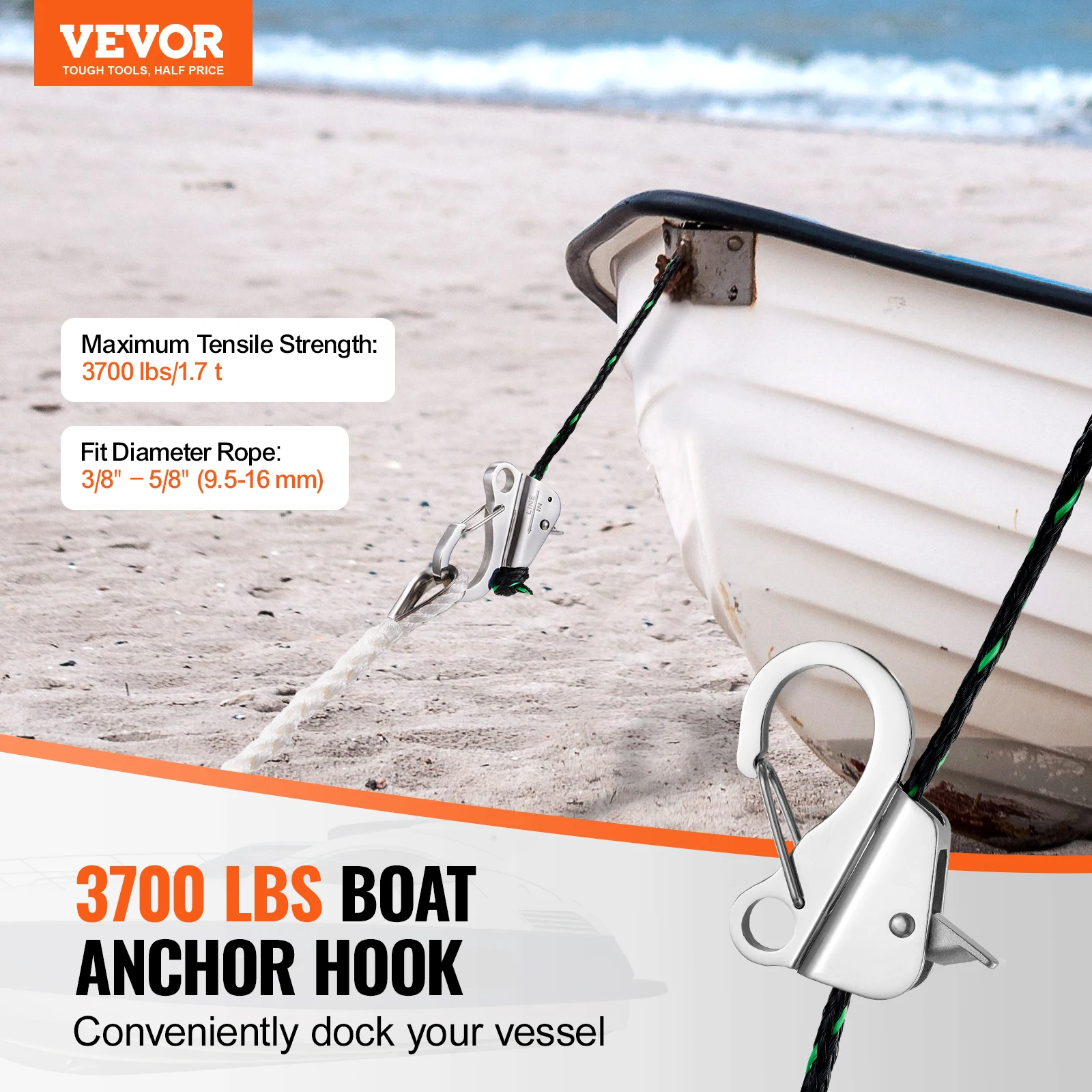 VEVOR Boat Anchor Hook Stainless Steel Slide Anchor Knotless Anchor System with Boat Anchor Hook Clips for 3/8