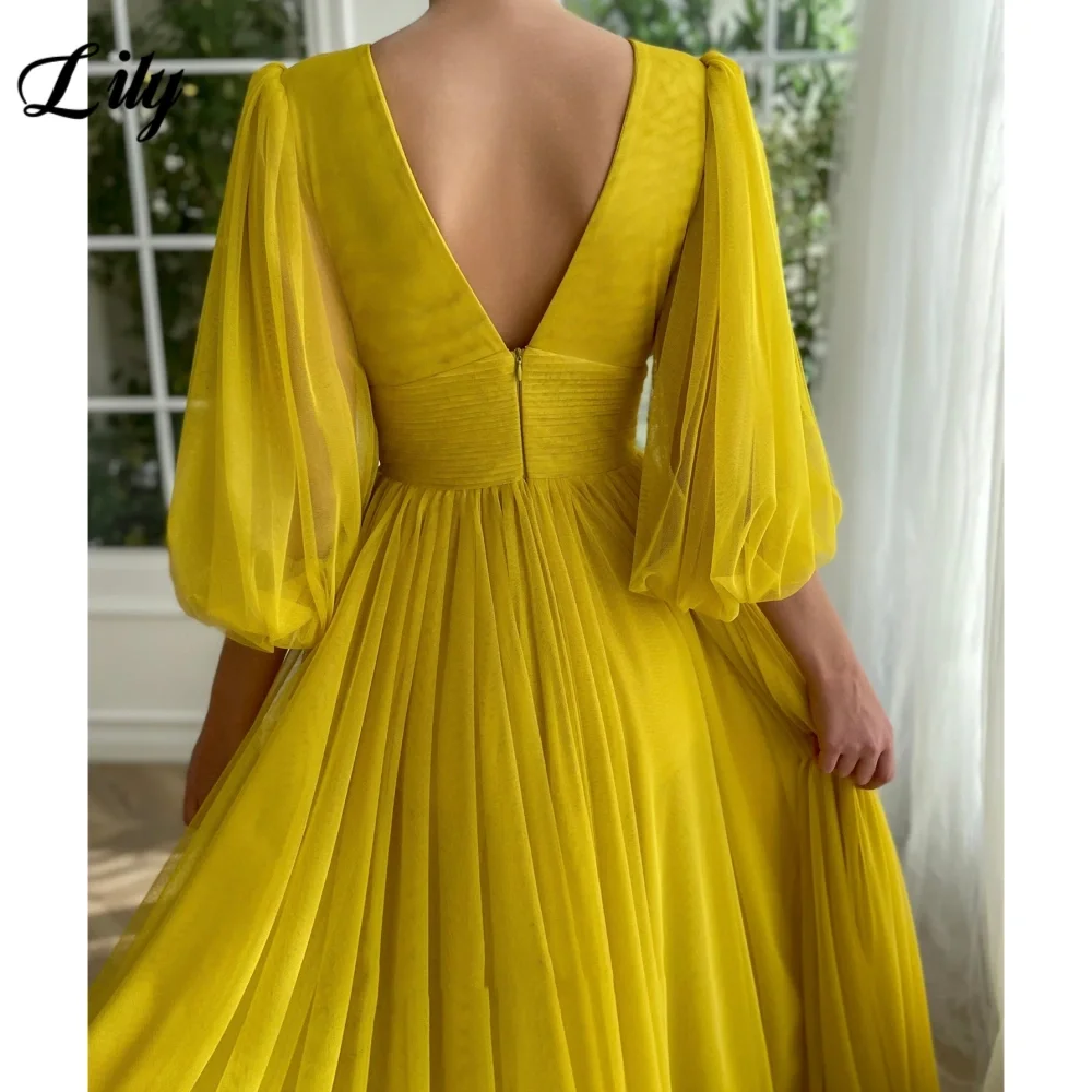 Lily Yellow Deep V-neck Prom Dress for Woman Tulle Three Quarter Sleeves Beach Wedding Dresses High Split Backless Prom Gown