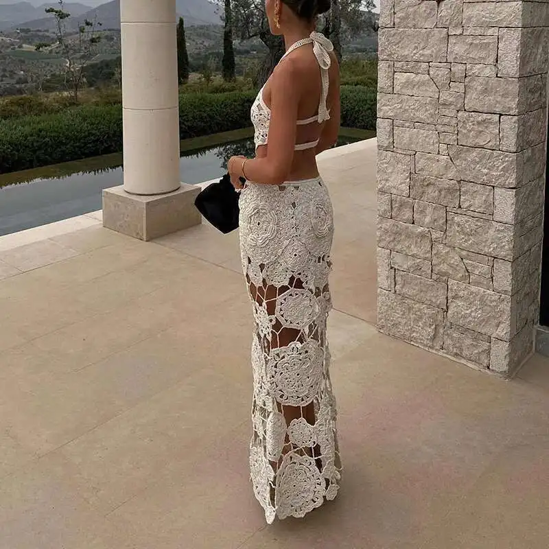 Jacquard Slim Sleeveless Holiday Fashion Lady Halter Hollow Knit Long New Summer Sexy Backless Wrap Hip Beach Dress