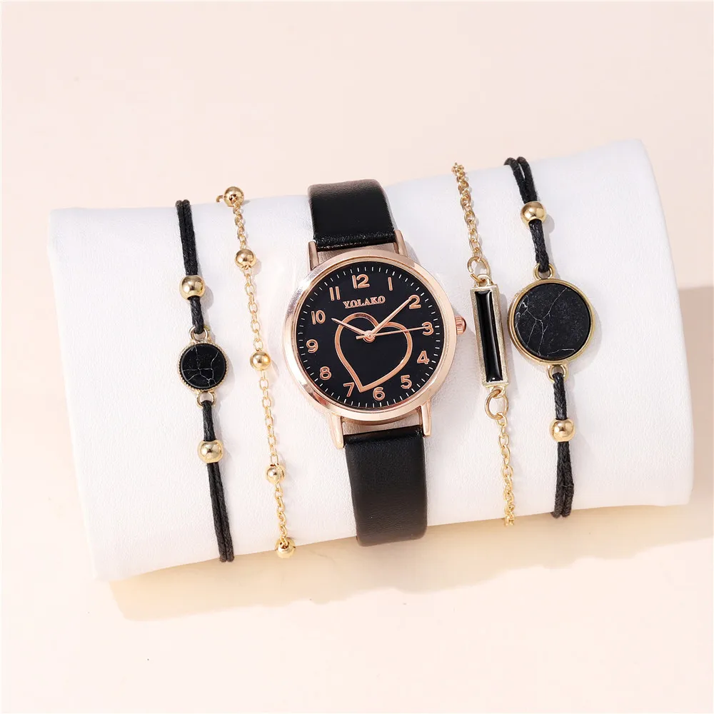 

5pcs/set fashion sweet heart style women leather quartz watch