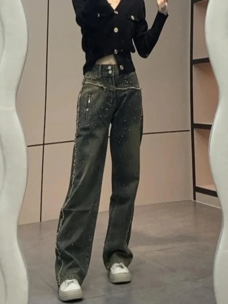 Damskie jeansy z wysokim stanem i szerokimi nogawkami, luźny krój, proste spodnie dżinsowe, jesienne modne spodnie wyszczuplające do ziemi.