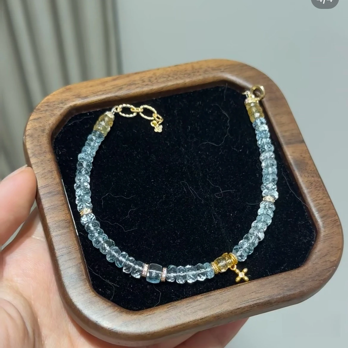 Natural Aquamarine Faceted Rondelle Bracelet for Women, Hand Polished Wheel Beads, Vintage Light Luxury Crystal Bracelet
