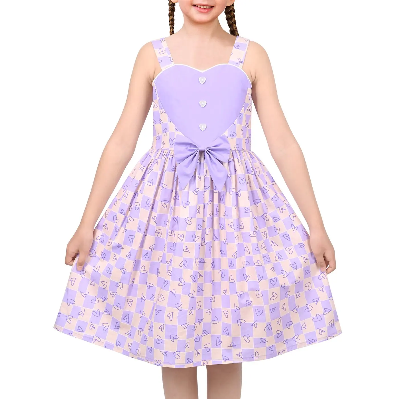 Vestido para niñas, color malva, a cuadros, con corazón, divertido, para fiesta, informal, vestido de verano