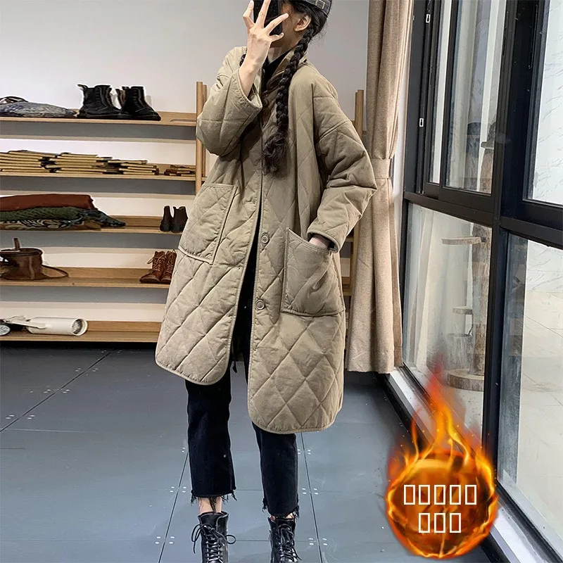 

Japanese Sle Women's Loose Diamond Patterned Mid-Length Cotton Jaet Thiened Warm Cotton Outerwear Artistic Commute