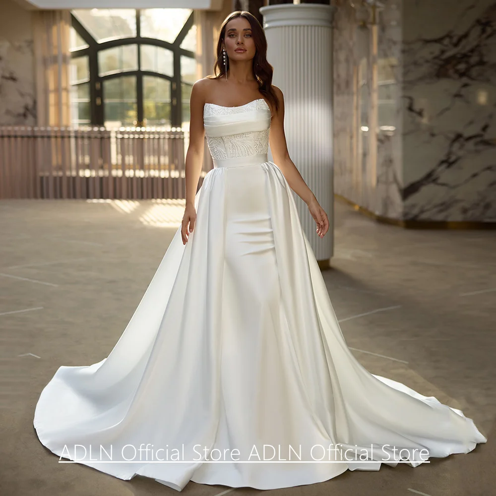 Prachtige zeemeermin trouwjurk afneembare trein op maat gemaakte ronde hals kralen lovertjes satijnen bruidsjurk Robe Mariee