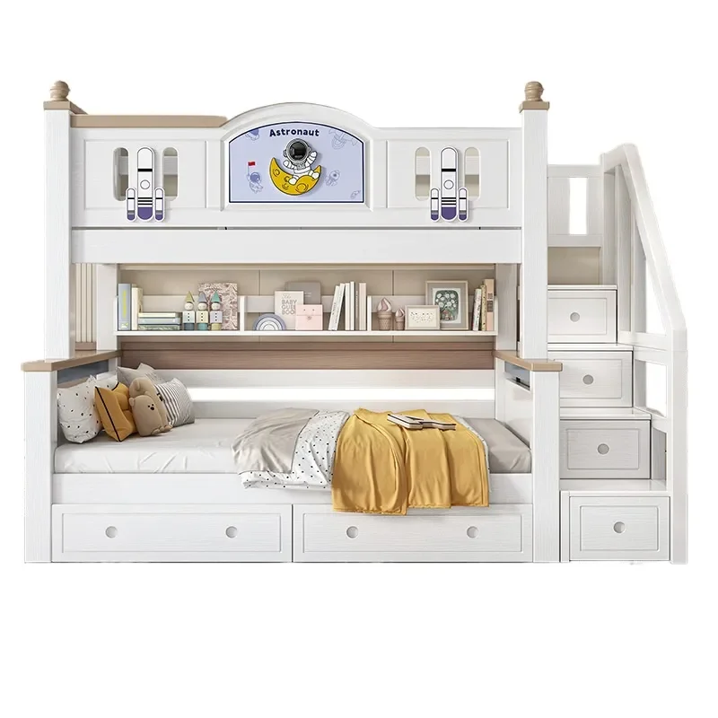 Full Solid Wood Bunk Beds Light Luxury Two Layer High Low Children Bed Separate Mother Child Bed Princess Style for Kids