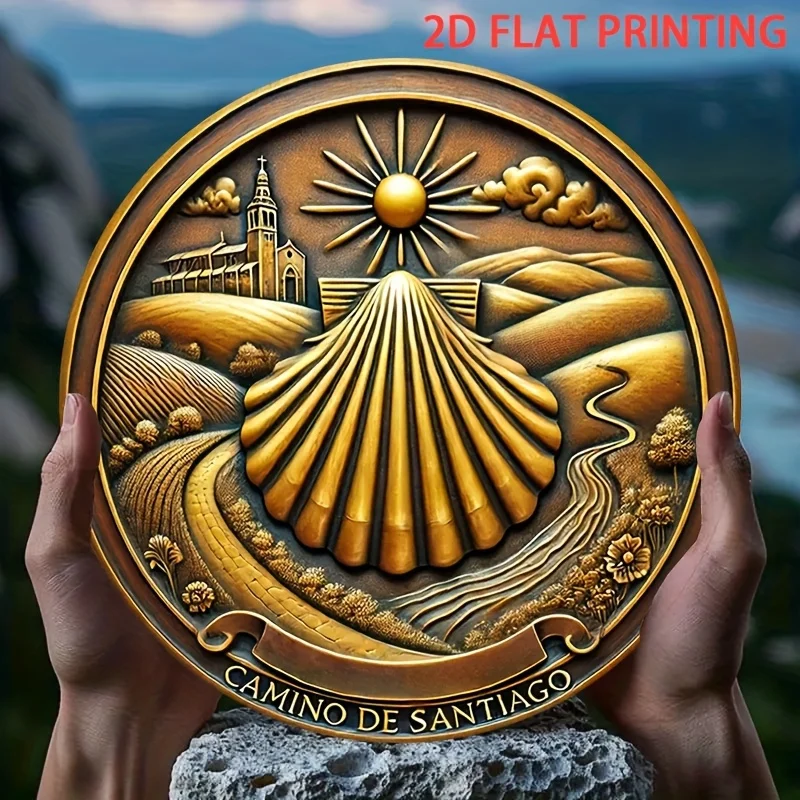 مسطح 2D، 2D مسطح 1 قطعة 20.32x20.32 سم لافتة قصدير مستديرة - مسار إسكندنافي بسيط إلى تصميم الحاج سانتياغو دي كومبسلاي -