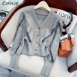 CJFHJE V-Neck Metal Button Knitted Women Commuter Fashion Tassel Bottom Cardigan Sweater Coat Casual Solid Color Women's Sweater