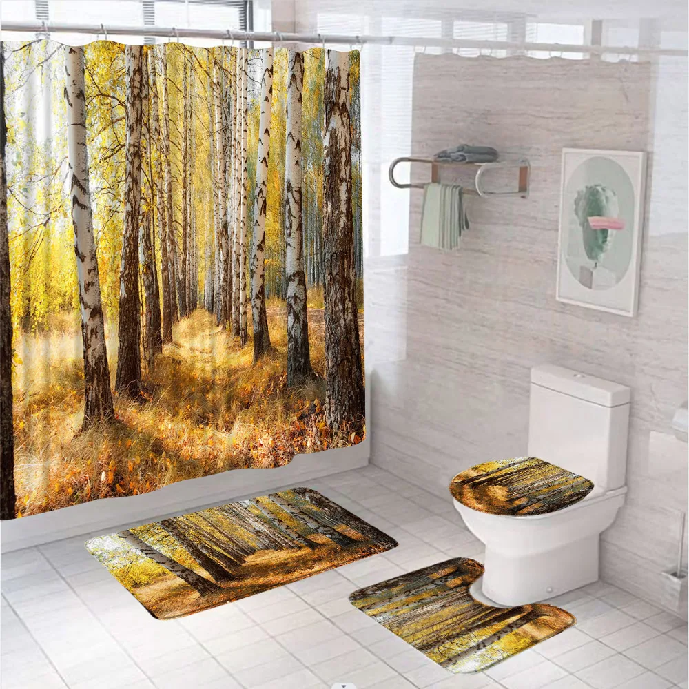 Birch Tree Shower Curtain Set Fresh Green Leaves Summer Forest Rural Landscape Bathroom Decor With Bath Mat Rug Toilet Lid Cover