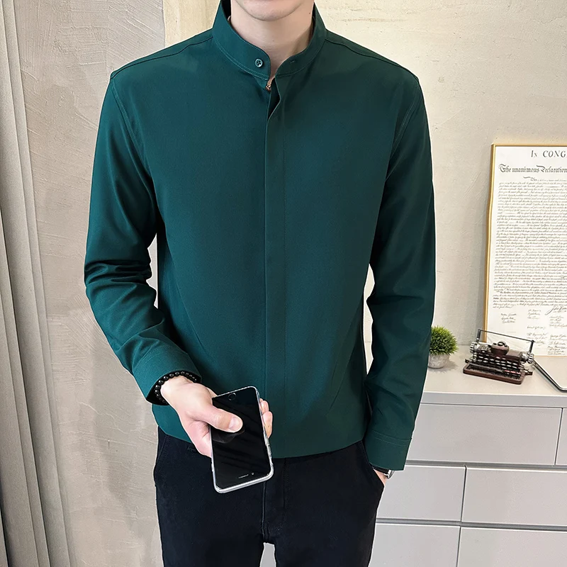 

Blackish Green Elegant Father Collar Social Shirts Slim Fit White Mandarin Collar Stylish Clothing Black Priest Collar Blouse