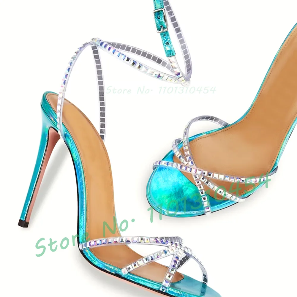 Crystal Pvc Strap Iridescent Sandals Women Stylish Slim Cross Tied High Heels Dress Sandals Summer Ladies Party Shimmering Shoes