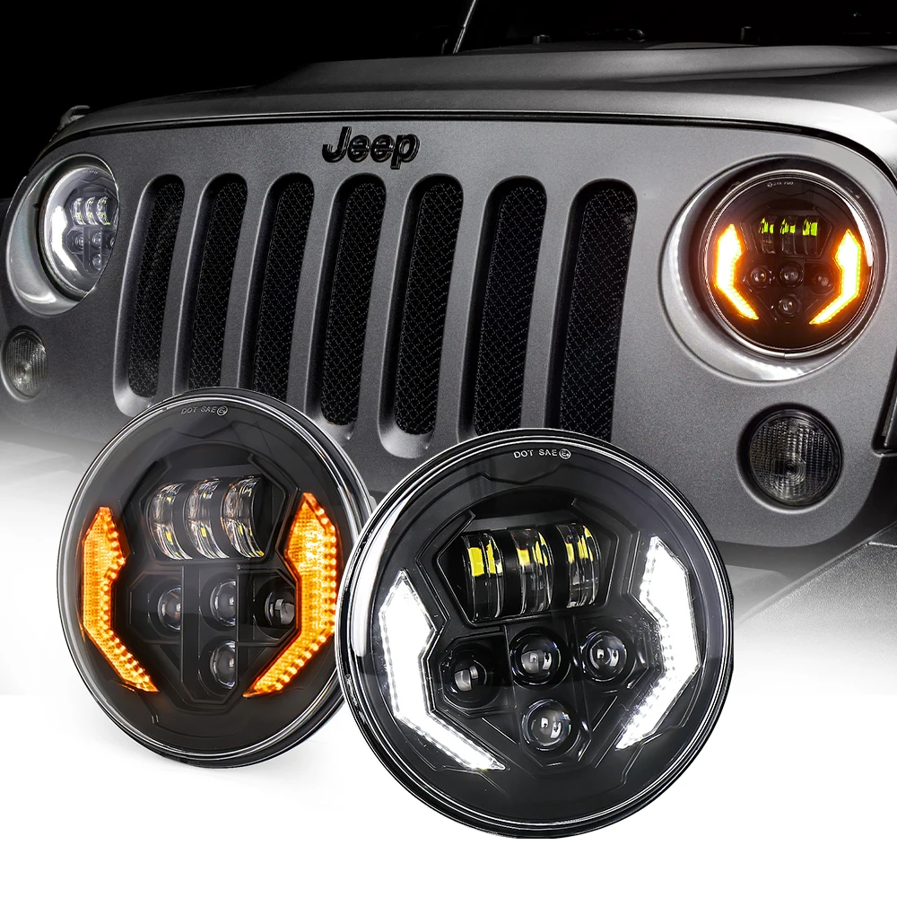 POVTOR 7 Inch Led Headlight with White DRL Amber Turn Signal Hi/Lo Beam Round Headlights forJeep Wrangler JK JKU TJ CJ LJ