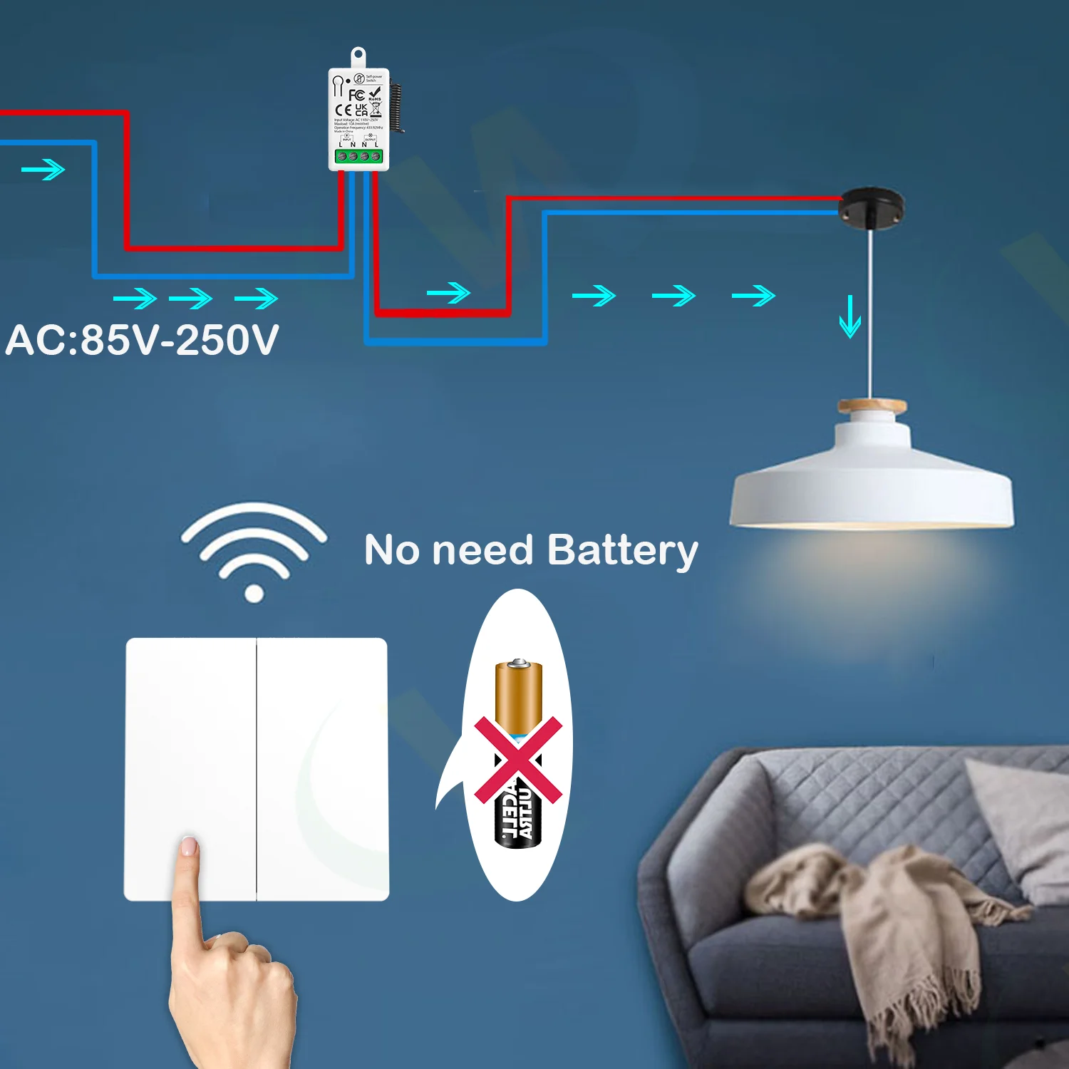 

RF Wireless Light Self Generating Switch No Need Battery Remote Control Push Button Switch AC 220V Mini Receiver for Light Fan