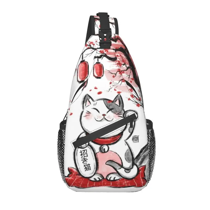 

Maneki Neko Sakura Flowers Sling Bag for Cycling Camping Lucky Cat Cherry Blossom Chest Crossbody Backpack Shoulder Daypack