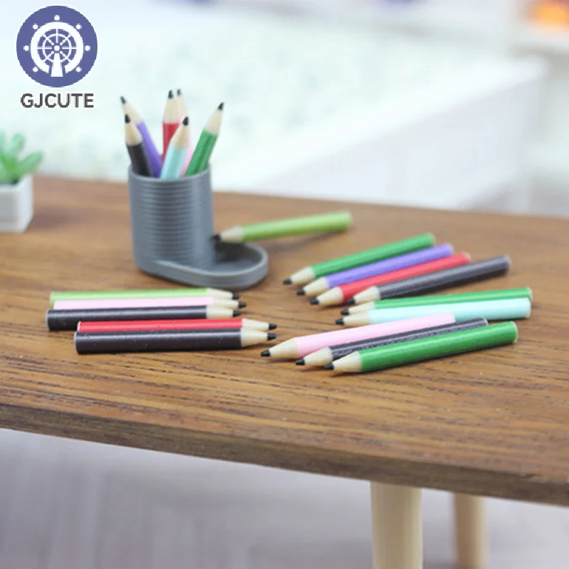 ドールハウス用おもちゃのミニチュアペンホルダーと色鉛筆セット。 1:12 スケールごっこ遊び人形家の装飾文具