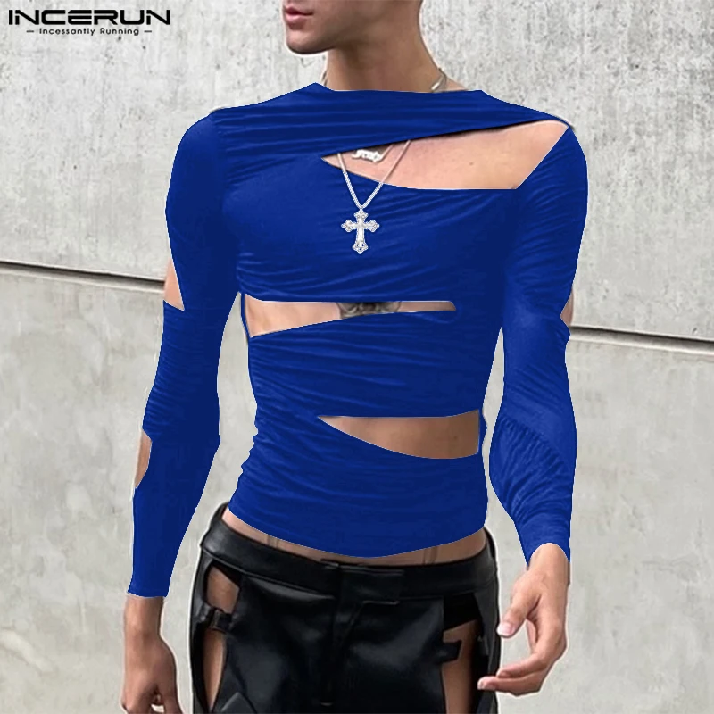INCERUN Handsome Men\'s Tops Stylish Hollow Out Deconstruction T-shirt Sexy Male Party All-match Long Sleeved Camiseta S-5XL 2025