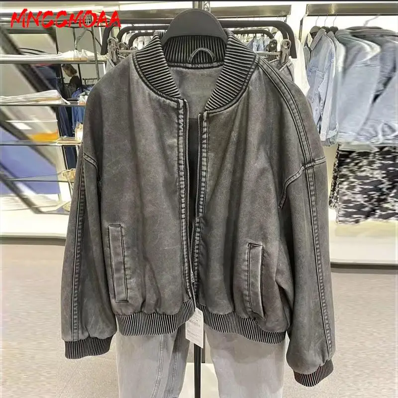 MNCCMOAA-Womens Vintage Faux Leather Bomber Jackets Female Coat Loose Tops Casual Outwear High Quality SpringAutumn Fashion 2024