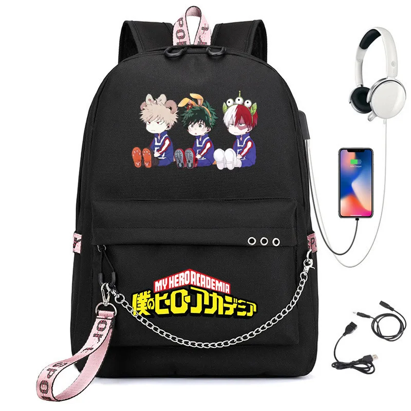 My Hero Academia Deku Bakugou Bok Anime USB Backpack School Book Bags Fans Travel Bags Laptop Chain Headphone