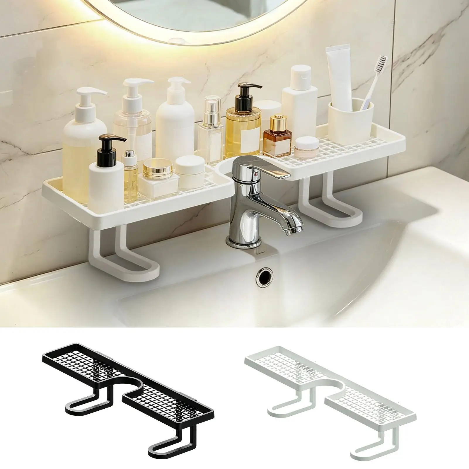 Over The Sink Shelf Bathroom U Shape 19.69 Inch Quick Drainage No-Drill Bathroom Over Sink Shelf for Toothbrushes Cups Cosmetics