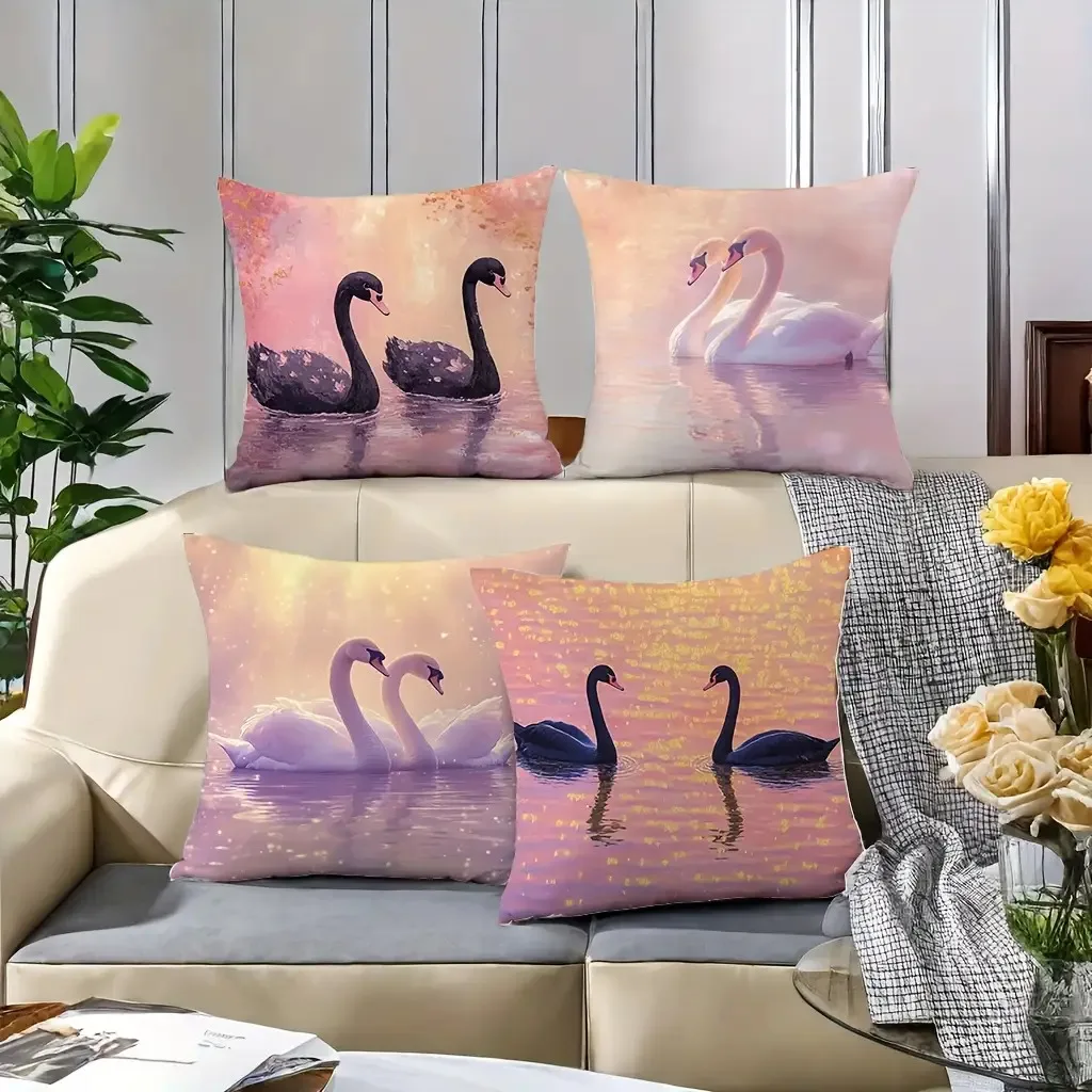 Romantic Pink Black Swan Pillow Covers Dreamy Lake Scene Decorative Throw Pillow Cases Elegant Wedding Home Decor Cushion Covers