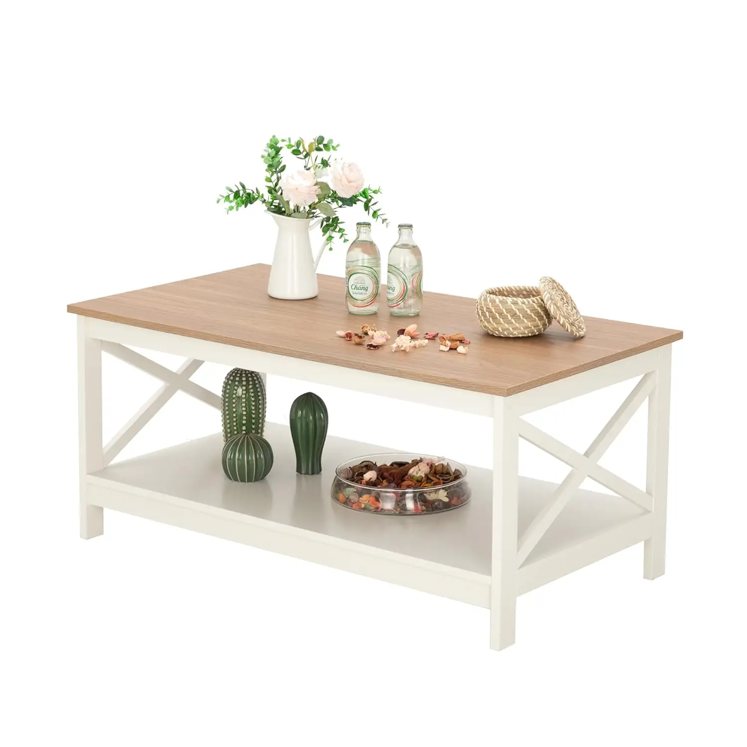 

Coffee Tables For Living Room, Simple Wooden Stable Coffee Table With Shelf,Open Storage Space With Large Capacity, Customized