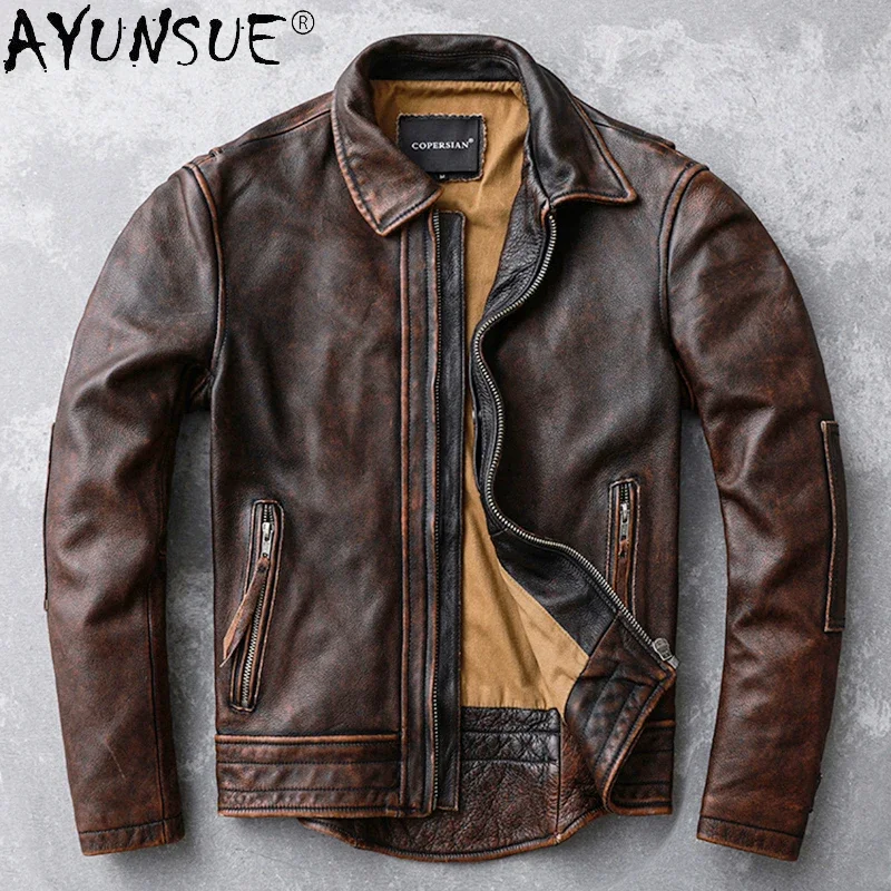 100% Genuine Leather Jacket Men Vintage Natural Cowskin Retro Coat Spring Mens Leather Motorcycle Jackets Brown Chaquetas Hombre