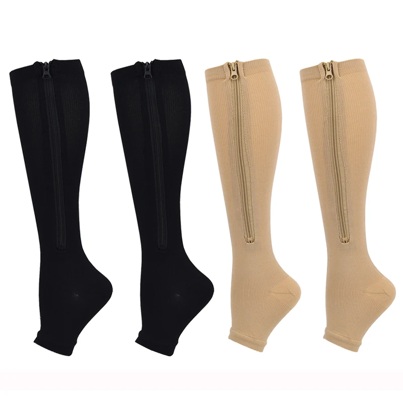 Kompressionsstrümpfe für Männer und Frauen Knieunterstützung mit Reißverschluss Offene Zehen Dünn Anti-Ermüdungs-Effekt Dehnbare Socken Hohe Socken Unisex Shapewear