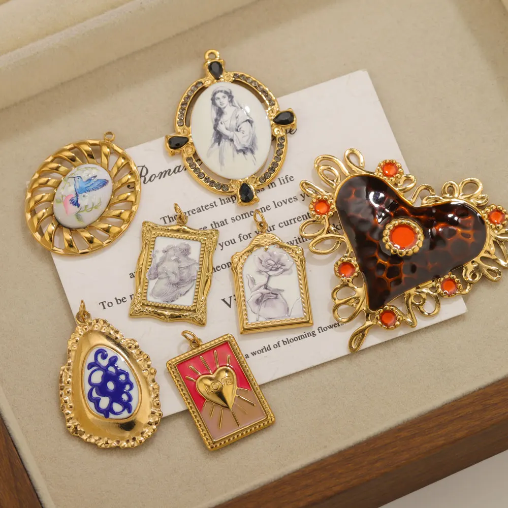 2 Stück Edelstahl-Emaille-Anhänger für Schmuckherstellung, Vintage-Sonnenherz-Anhänger, DIY-Halsketten- und Ohrring-Verbinder-Anhänger – Detail 3