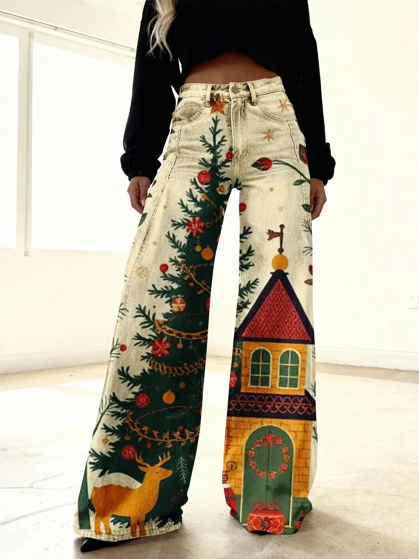 2026Ladies' new Christmas printed jeans made of imitation denim fabric, High end Queen pants