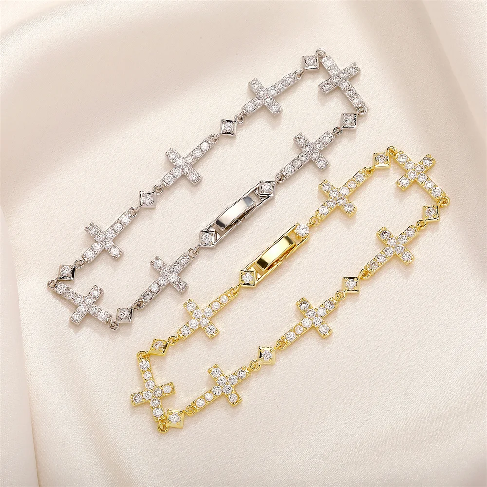 Icedminer New Iced Out Cross Link Chain Bracelet with Bling Zircon Hand Chain for Men Women Hip Hop Jewelry Free Shipping