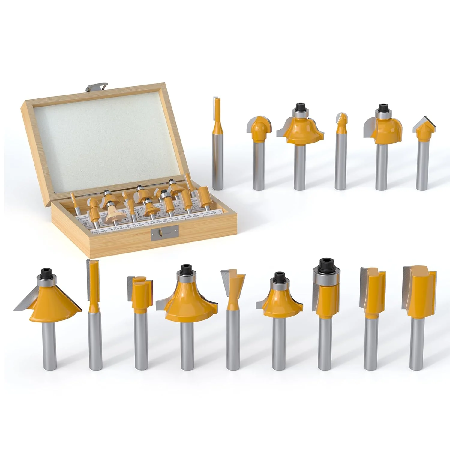 15PCS Router Bits Set 8mm Shank - Tungsten Carbide Woodwork Tools with Wood Case for Beginners, Doors, Cabinets, Shelves DI