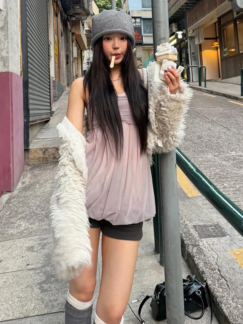 Sisjuly Sweet Crush Light Gauze Pleated Design Fashion Puffy Strapless Vest Women's Soft Purple Fragrance Loose Fit Polyester