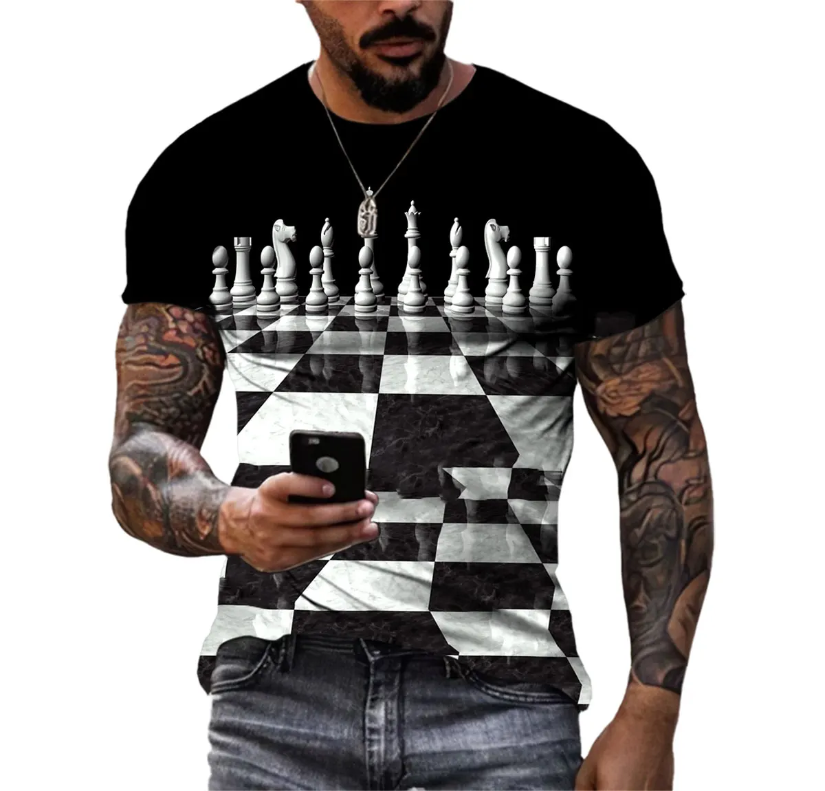 Summer Plaid State Chess Men\'S T-Shirt Tide Brand Board Loose Ins Super Fire O Neck Short Sleeve Game Suit Large Outline Shirt