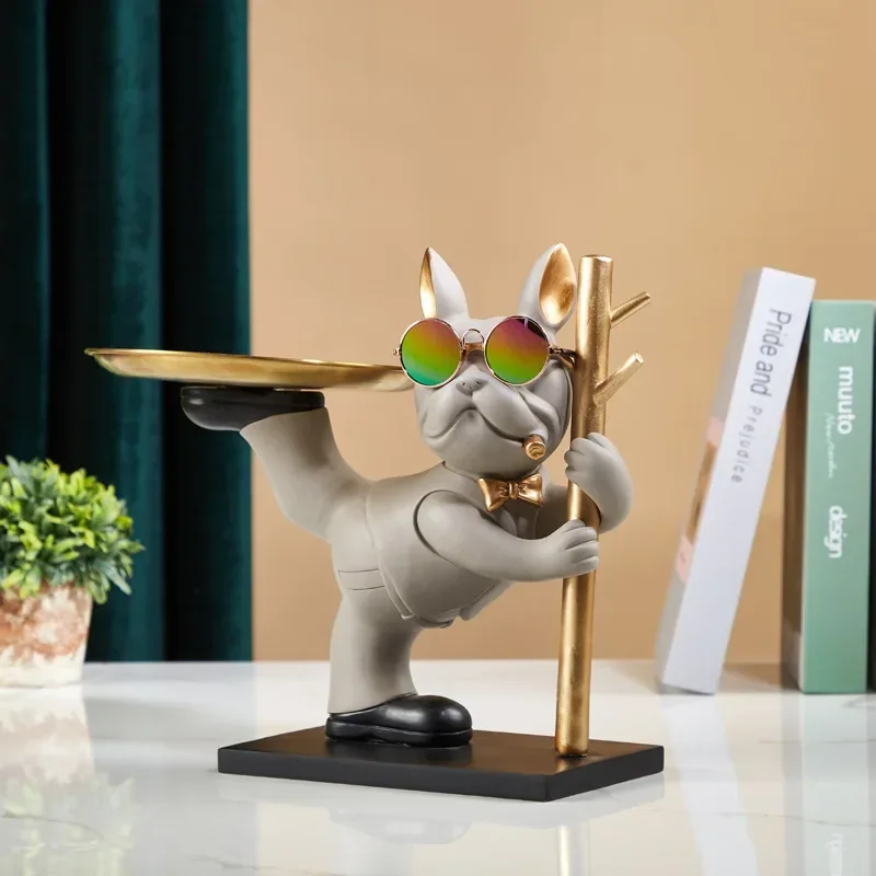 French Bulldog Decoration with Wood Holder Dog Sculpture for Home Decor Animal Statues Butler Office Desk Ornaments Living Room