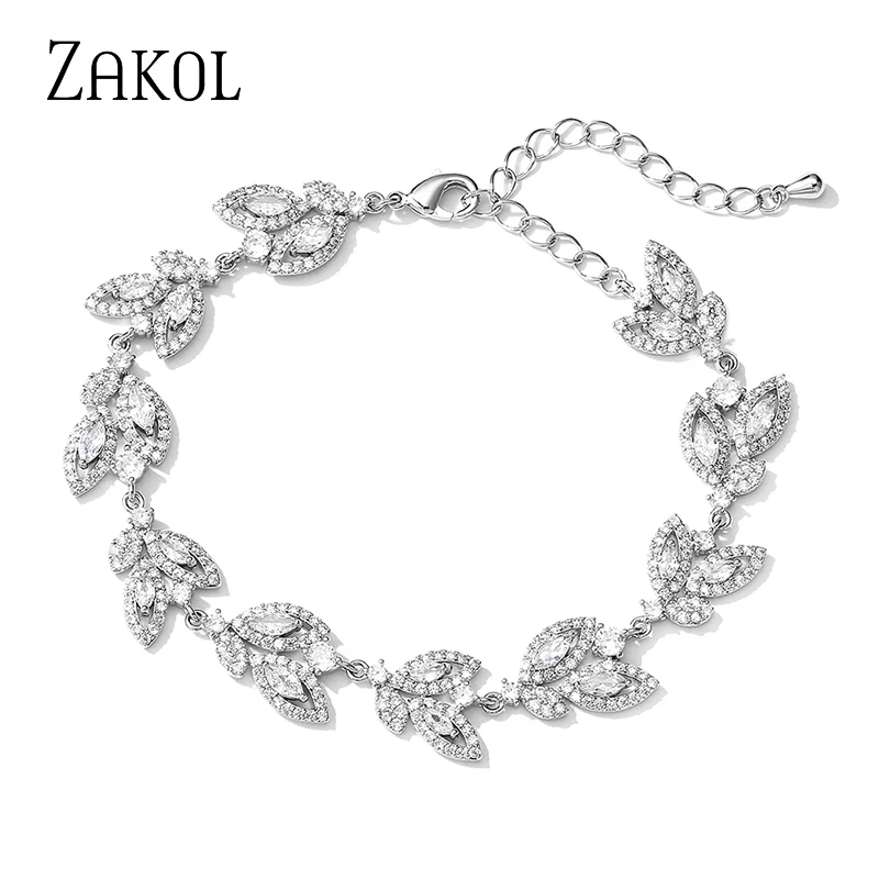 ZAKOL Exquisite AAA Cubic Zirconia Charm Chain Link Bracelets & Bangles for Elegant Women Luxury Leaf Bridal Wedding Jewelry