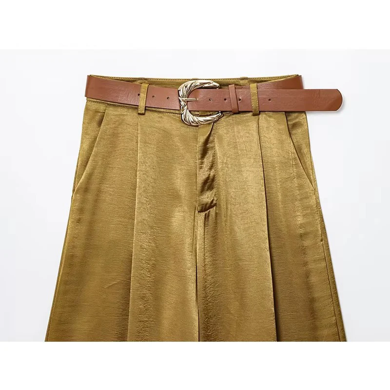 여성용 우아하고 시크한 벨트 주름 장식 캐주얼 루즈 롱 팬츠 여성용 솔리드 사이드 포켓 지퍼 슬림 와이드 레그 팬츠