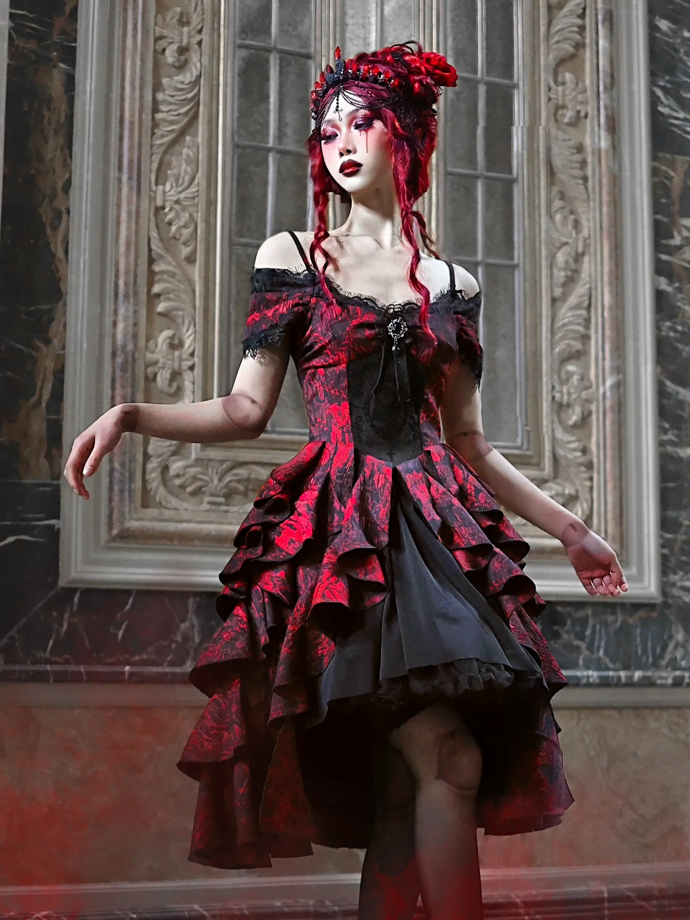 blood supply original Gothic red ball gown dress off shoulder short sleeve spaghetti dress black mesh goth punk wave dress