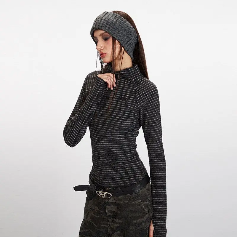 헤이헨리 슬림핏 롱 슬리브 티셔츠 여성용 스포츠 스트라이프 탑 가을 겨울 캐주얼 슬리 폴리에스터 혼방 오버사이즈 길이