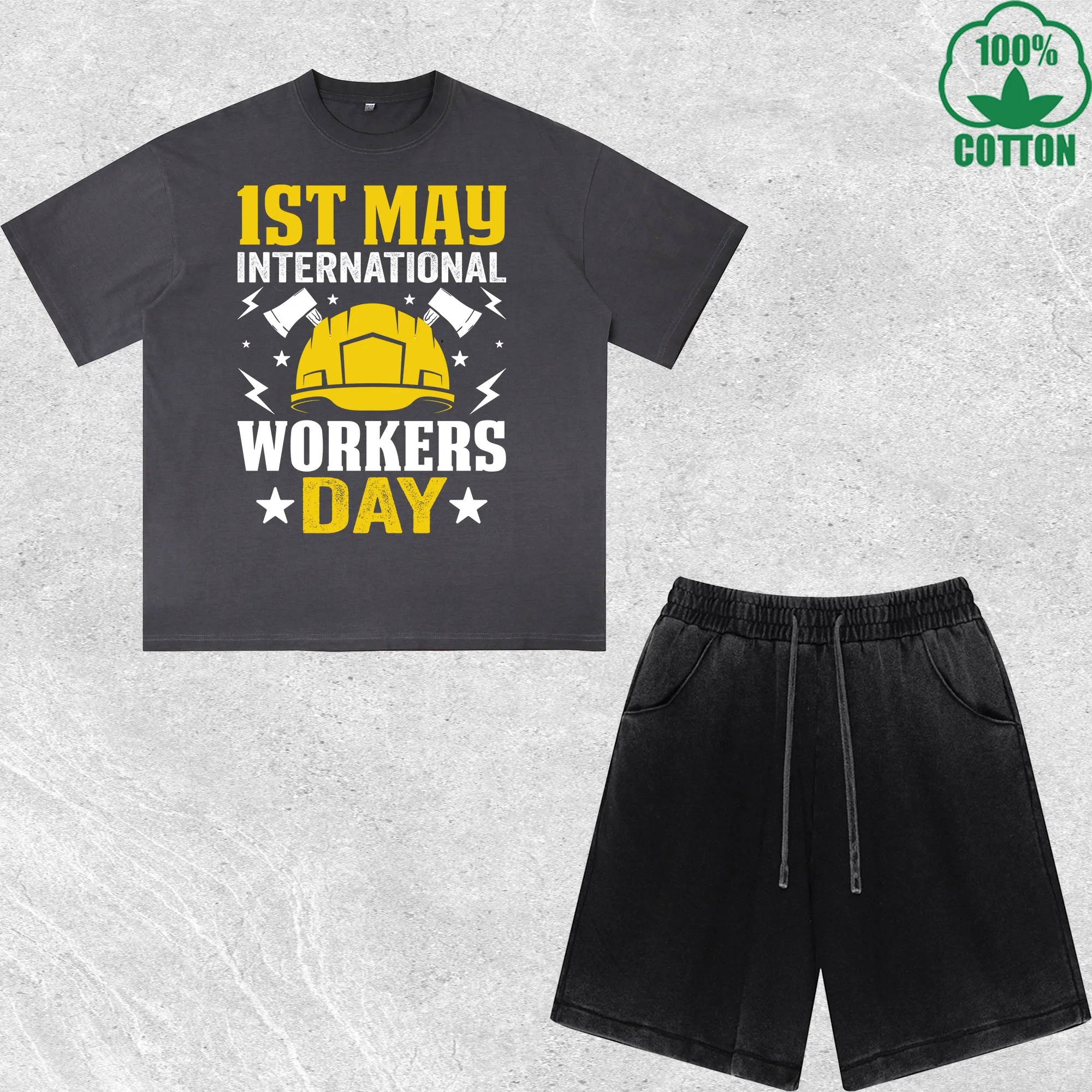 

Workers Day Printed Dirty Wash 100%Cotton T-Shirt Shorts Set Multicolor Combo Loose Trendy Fashionable
