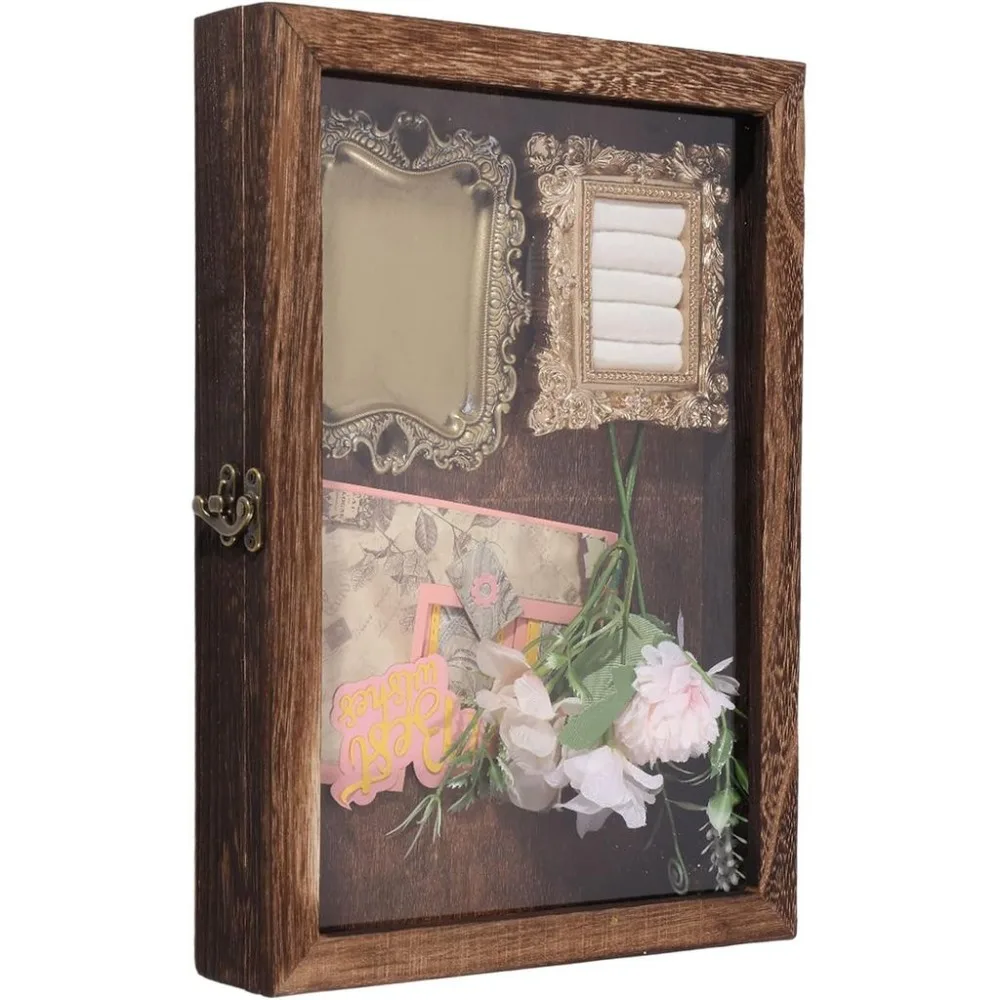 Shadow Boxes Display Cases Wood Shadow Box Frame Photos Memory Box Glass Window Picture Frame with Metal Latch for Keepsakes