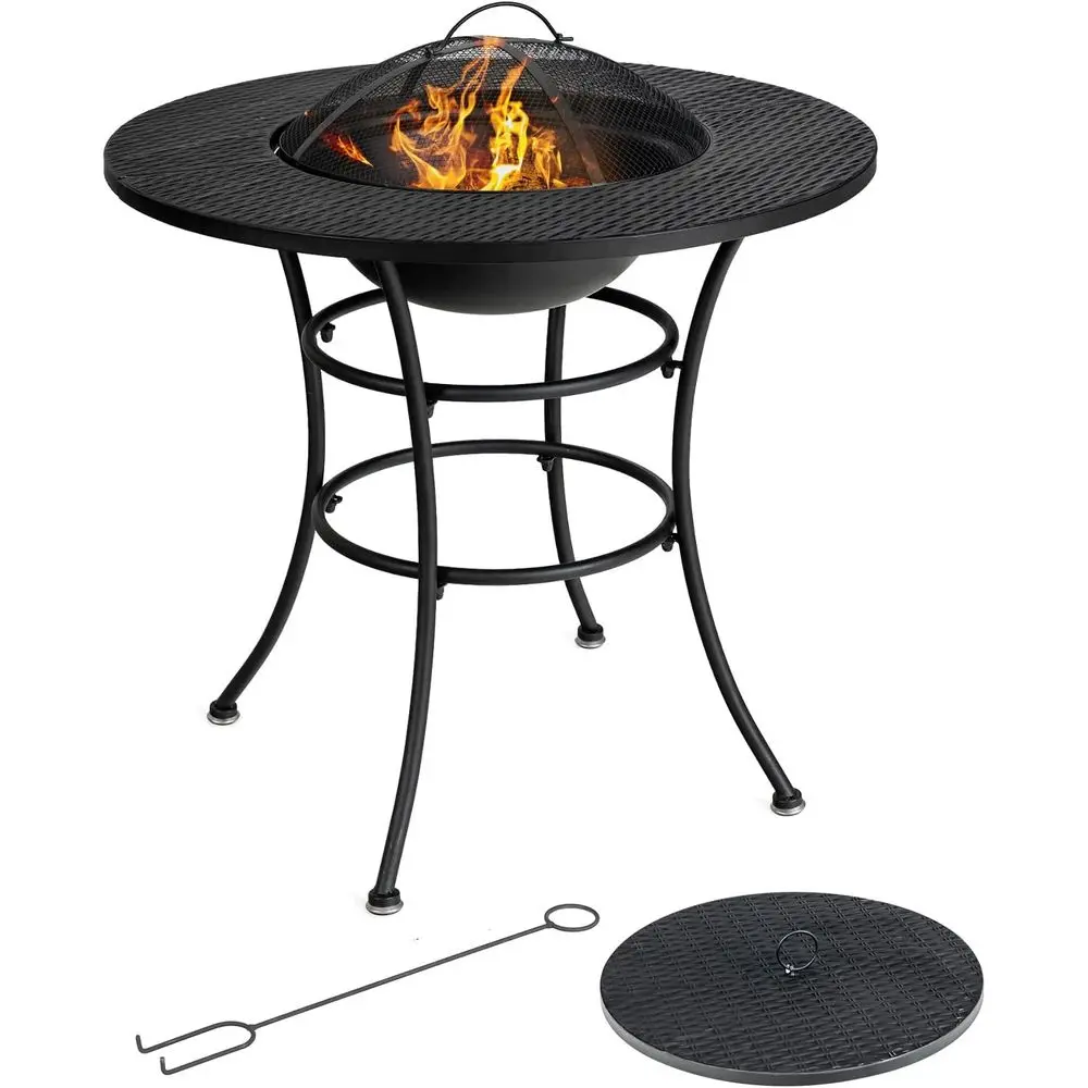 Outdoor Patio Fire Pit Dining Table with Wind Guard, Cooking Grate, Log Rack, Fire Poker, Wood-Burning and Drink Cooler