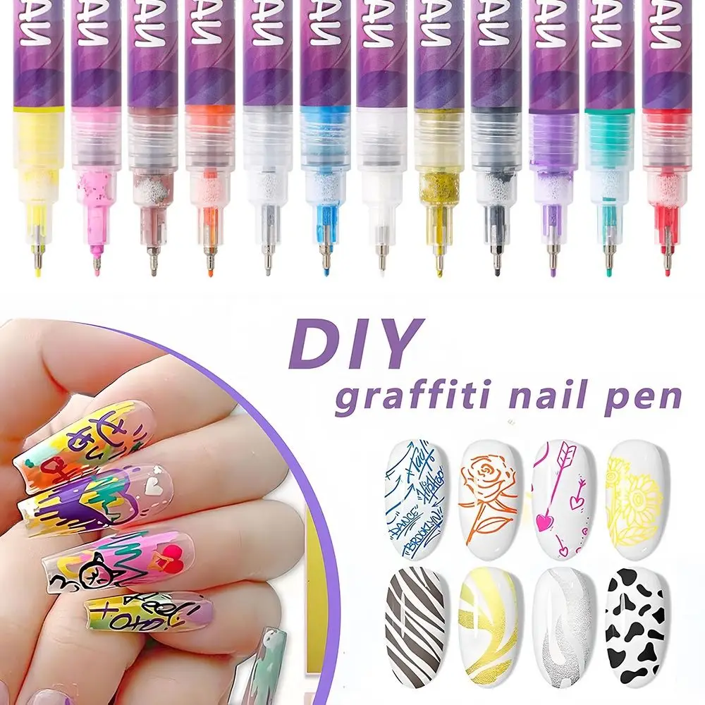 

12 Colors 3D Nail Art Pens DIY Set Waterproof Abstract Nail Art Graffiti Pen Portable 0.5/0.7 MM Tip Lines Doodle Pen DIY Nail