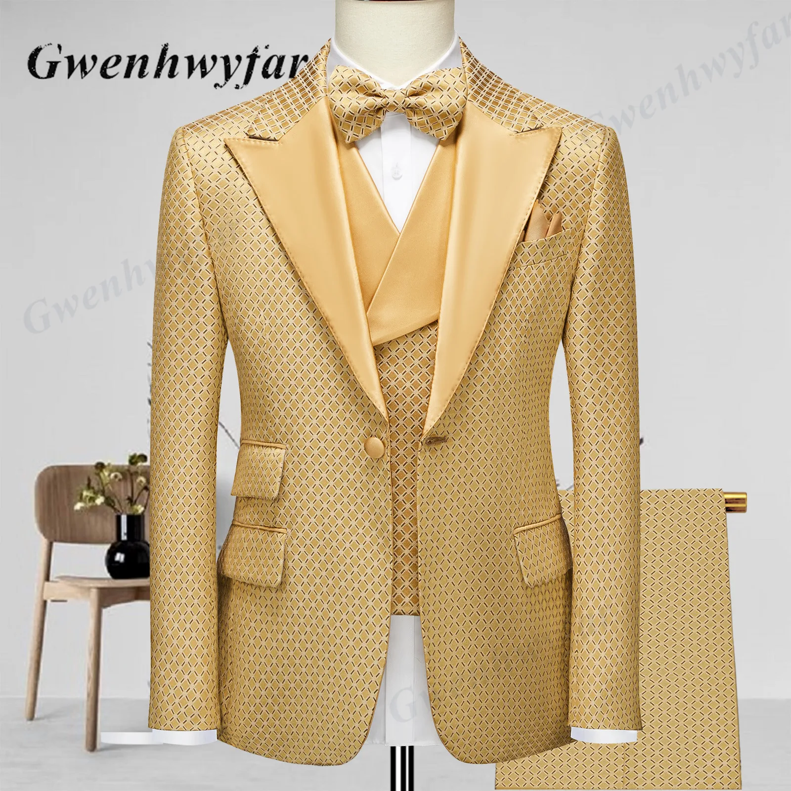 חליפות גברים עם דוגמת חיטה-זהב Gwenhwyfar 2026 חליפות למסיבת סתיו כוללות בלייזר פשוט עם כיסוי זהב דוגמת חזית ומכנסיים צרים