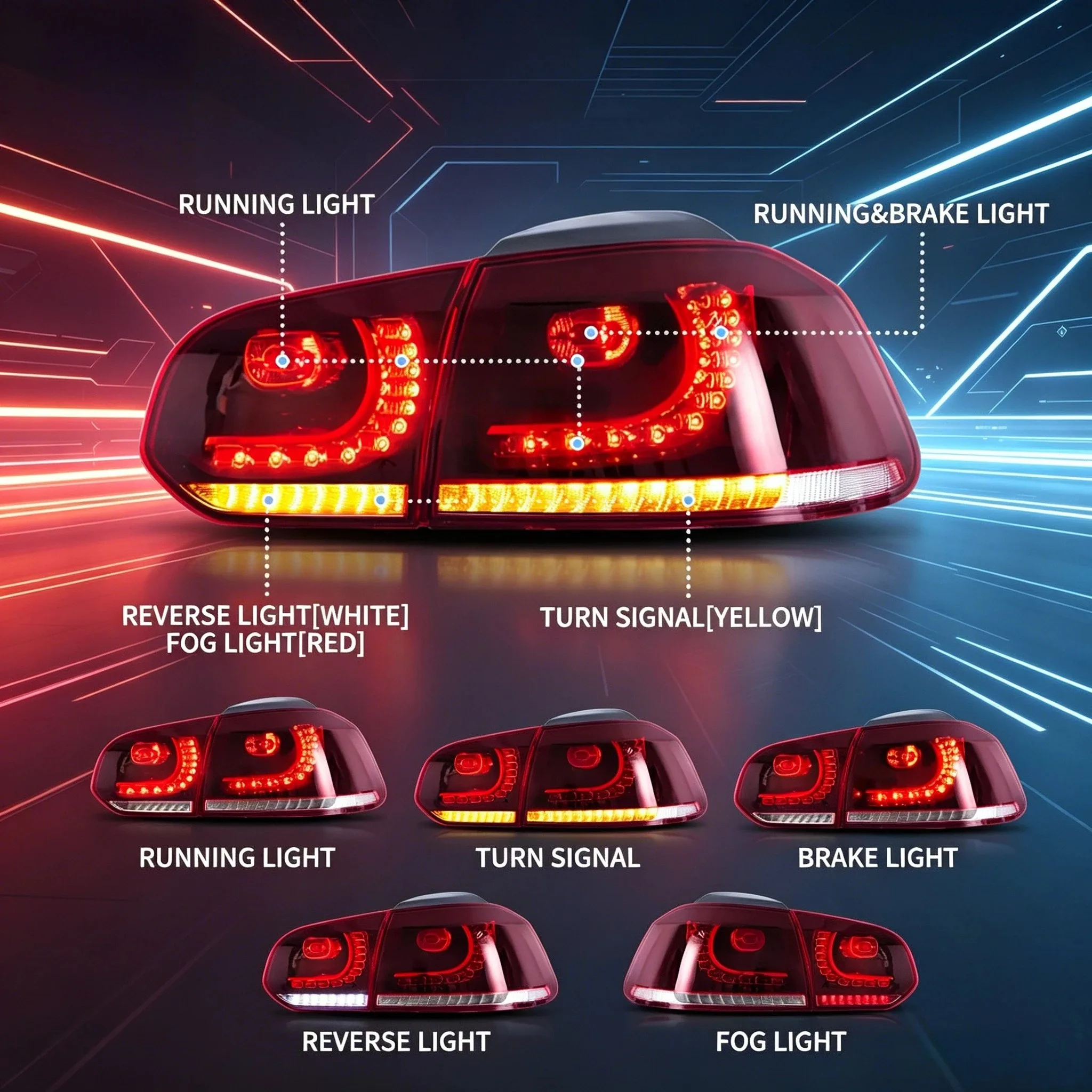 Pair Full LED Tail Lights for VW Golf 6 MK6 GTI R 2008-2013, Dynamic Sequential Amber Turn Signal, Plug & Play Canbus