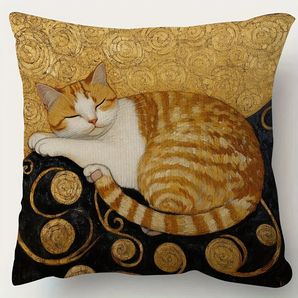 1pc Cute Sleeping Orange Tabby Cat Print Pillow Cover, 2D Double-Sided Polyester Cushion Case, Cozy Vintage Art Room Decor, Perf